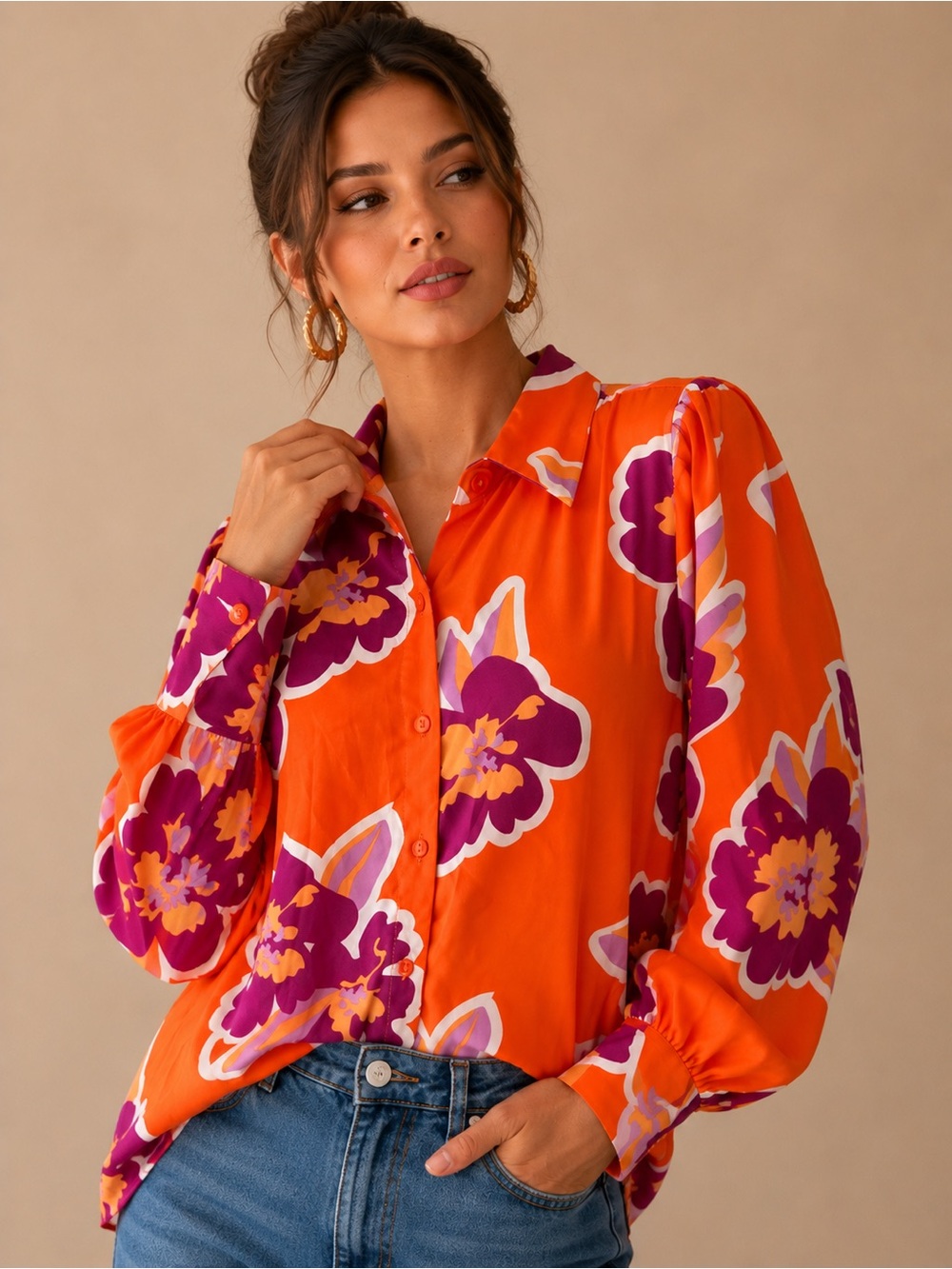 Cato Orange Floral Button-Down Blouse with Purple Accents
